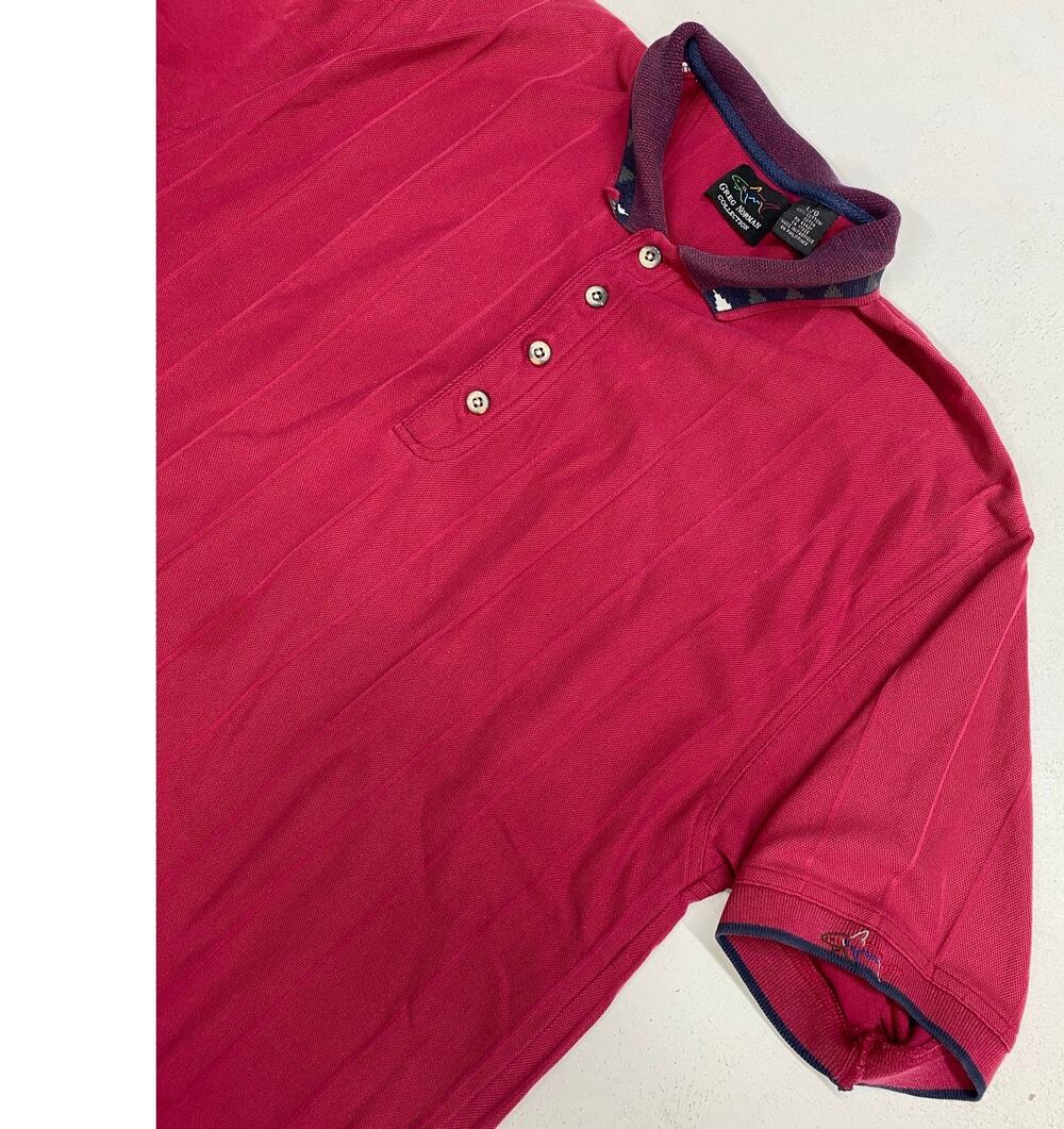 VTG 90s RETRO Men Greg Norman textured stripe cotton graphic polo golf shirt